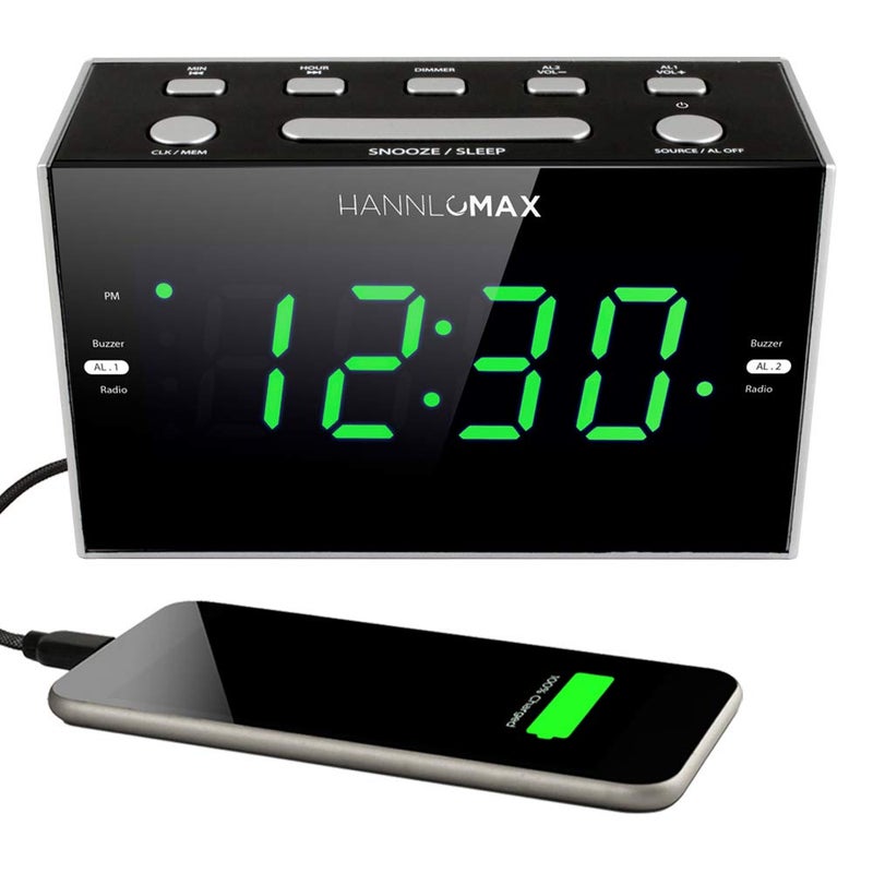 HANNLOMAX ساعة منبه راديو HANNLOMAX HX-122CR، راديو PLL FM، منبه مزدوج، شاشة LED خضراء بحجم 1.2 بوصة، منفذ USB لشحن 1A، تعمل بالطاقة الكهربائية فقط. - Image 1